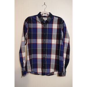 Express Fitted Plaid Button-Down Shirt Navy Blue Red Gray Men’s M
